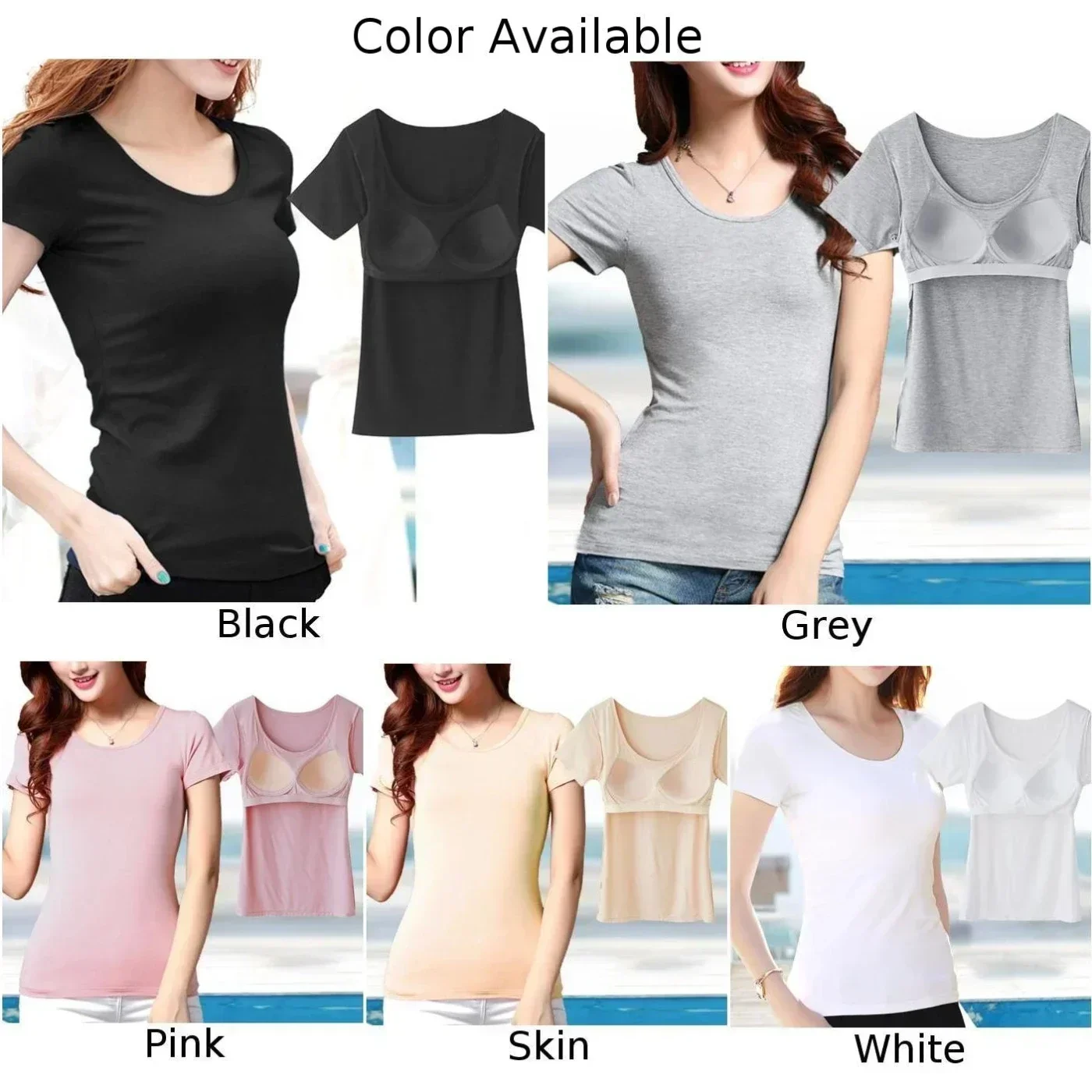 T-shirt con reggiseno incorporato Top da donna Push Up imbottito Strato manica corta Tinta unita Casual Basic T-shirt Tees Abbigliamento donna