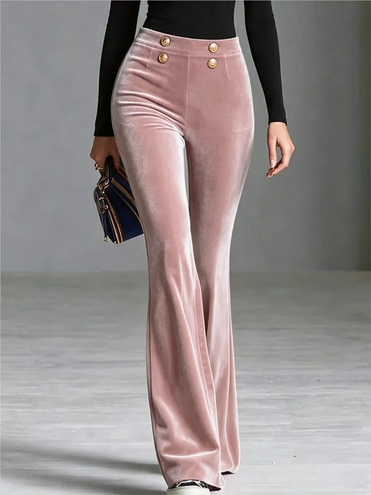 Women Solid Color Velvet Flare Pants Autumn High Waist Gold Button Decor Bell Bottom Trousers Elegant Office Lady Casual Pants