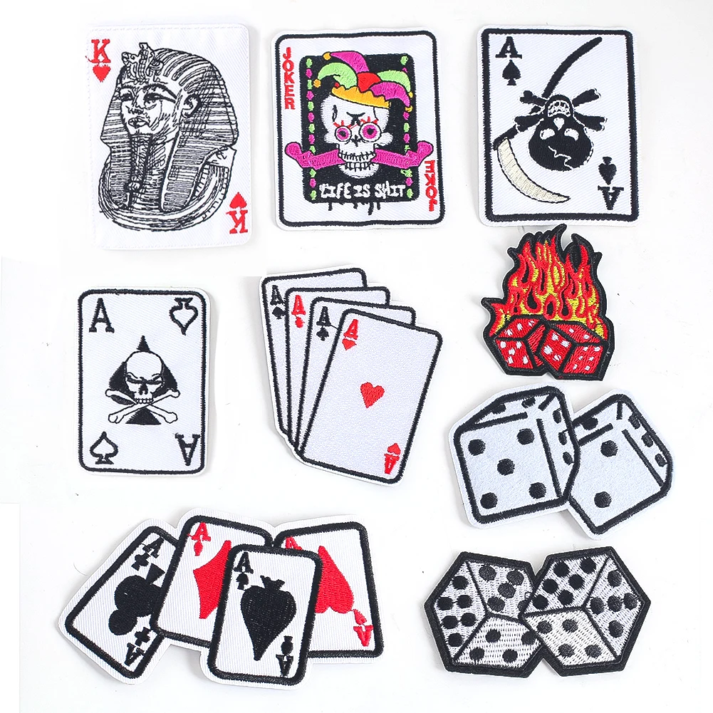 9PCS Personalised Playing Cards Dice Embroidery Patches Pharaoh Joker DIY Iron On Transfers Clothing Sewing Supplies Accessories