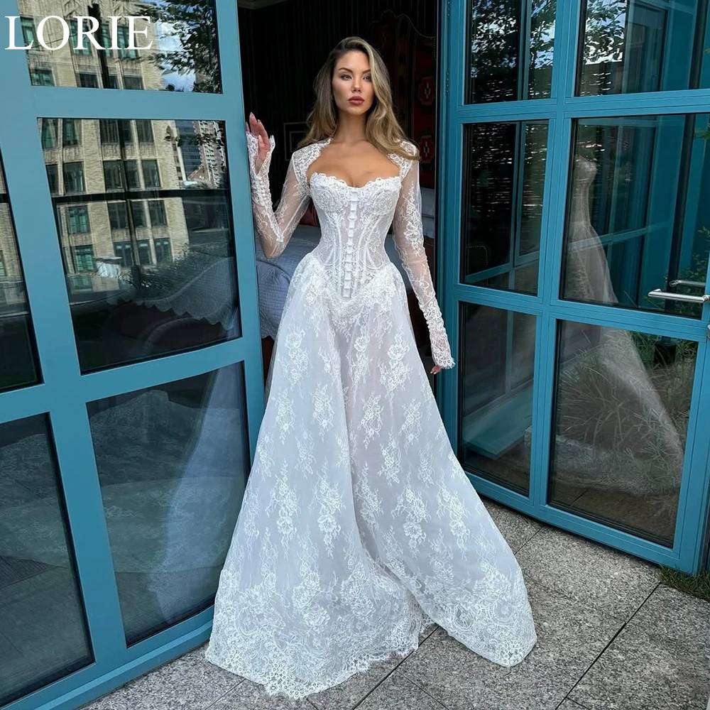 

LORIE Elegant Tulle Wedding Dresses A-Line Long Sleeves Strapless Lace Appliques Bride Prom Gown Chic Bridal Gowns Customized