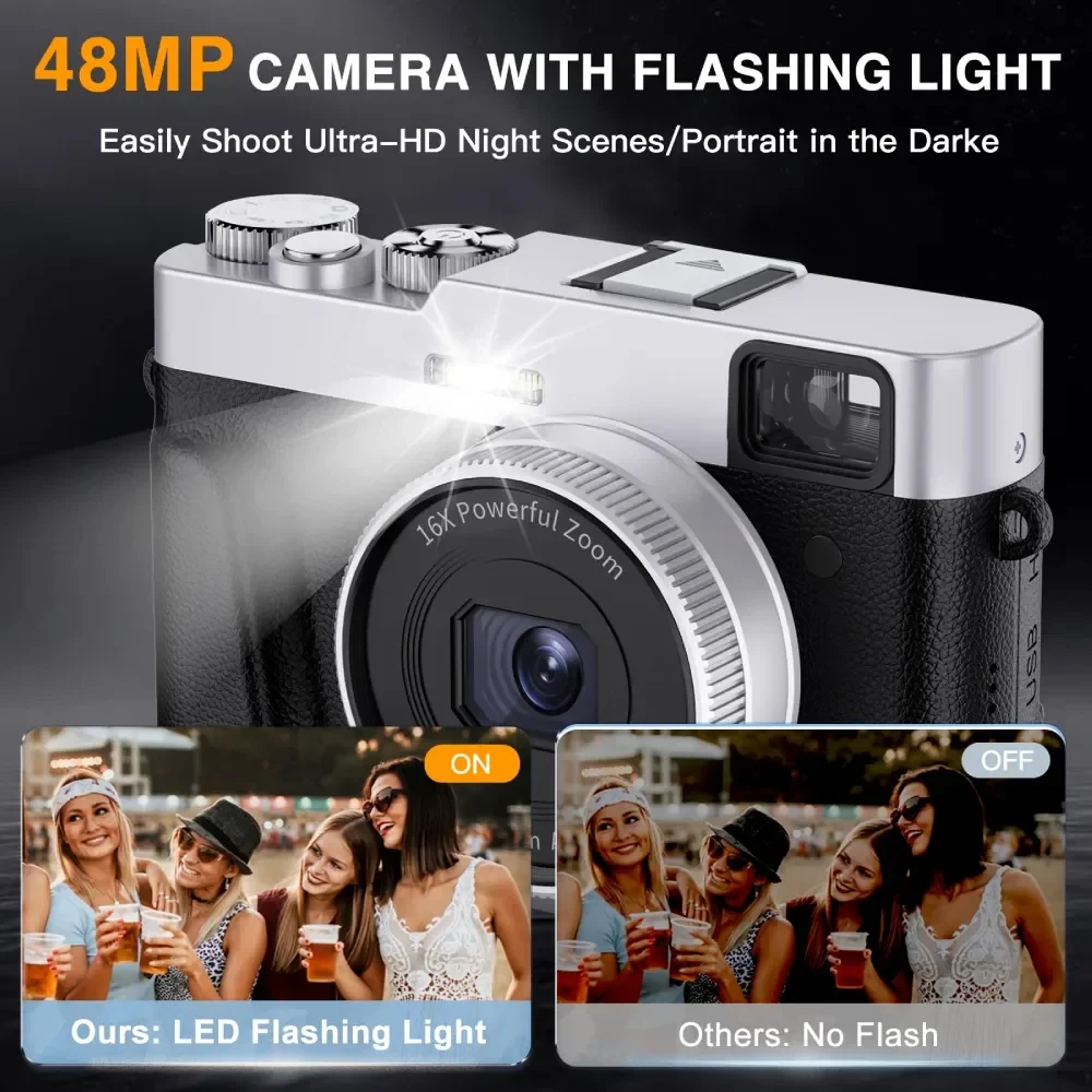 4K HD Digital Camera Auto Focus 48MP Vlogging Shooting Viewfinder Electronic Anti-Shake Micro-Single SLR Camera with Flash &Dial