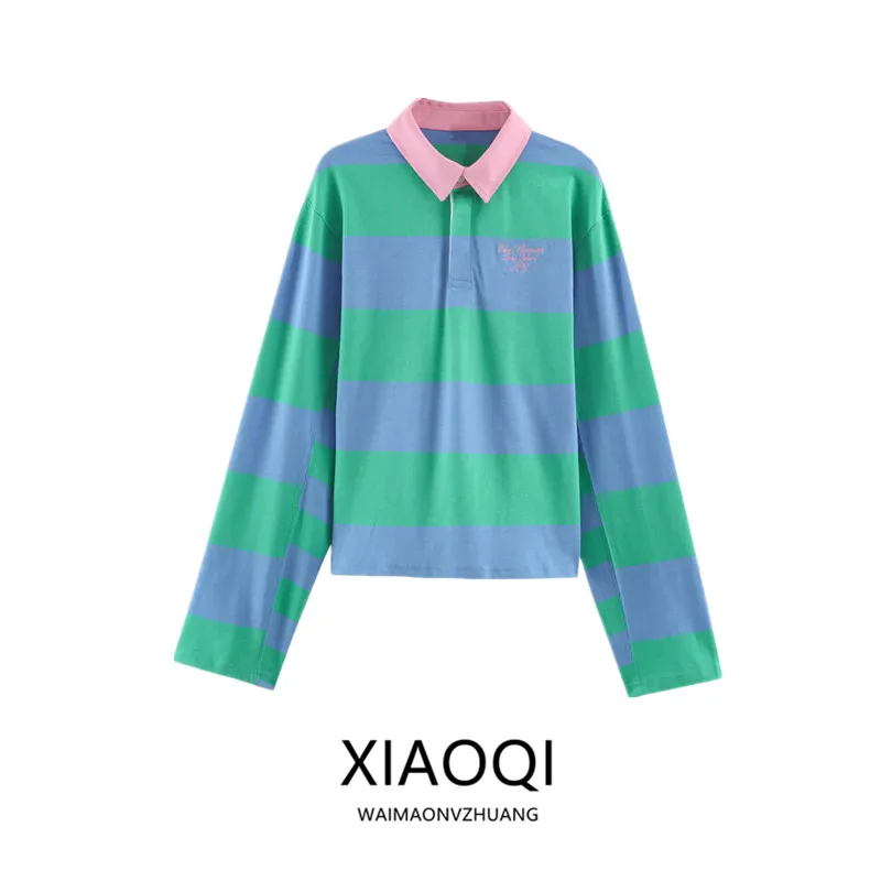 Women's Long Sleeve  Shirt Autumn New Arrival Striped Collar Print Color Block Fashion Loose Fit Casual Wear 2026