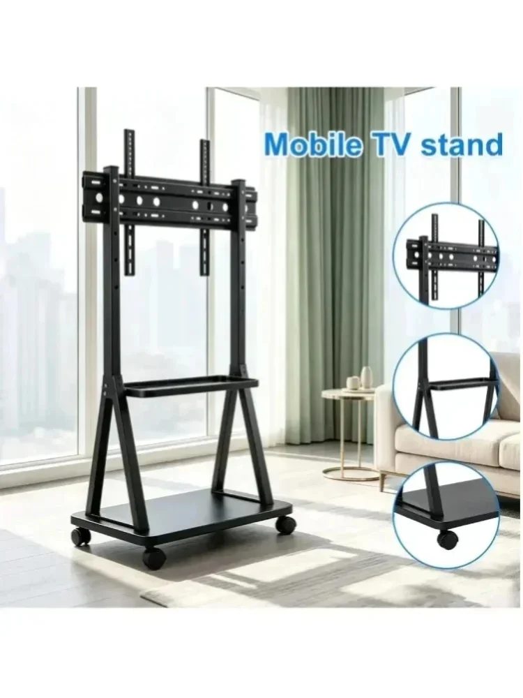 32"-75" mobiler TV-Ständerwagen, rollbarer TV-Bodenständer mit 2 Ablagefächern und feststellbaren Rädern, höhenverstellbare TV-Halterung, unterstützt VESA 100x100~600x400, robuster, einteiliger