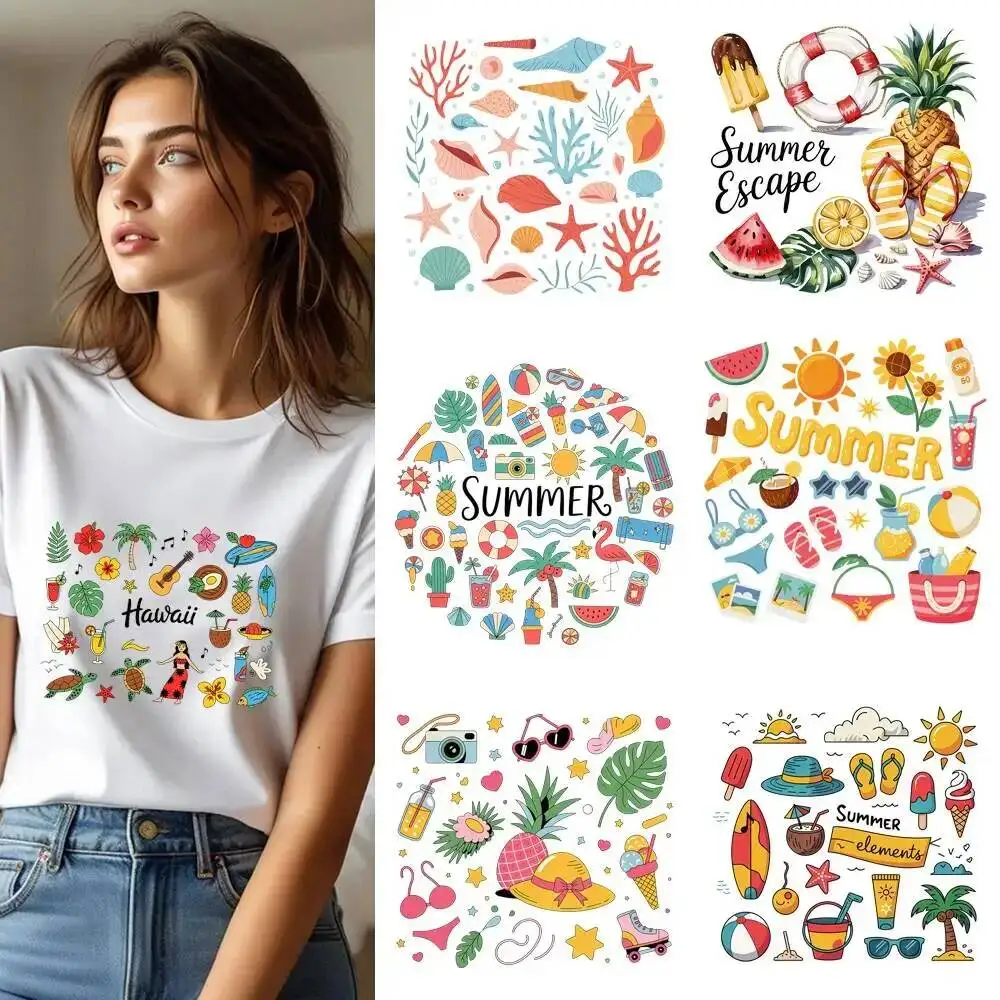 25CM Summer Beach Doodle Coconut Tree Sun Heat Transfer Patches For Clothes DIY A-Level Washable Shirt Iron-on Thermal Sticker