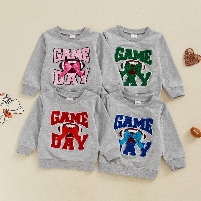 SUNSIOM Little Boy Girl Fall Sweatshirt Letter Football Embroidery Long Sleeve Round Neck Pullover Tops