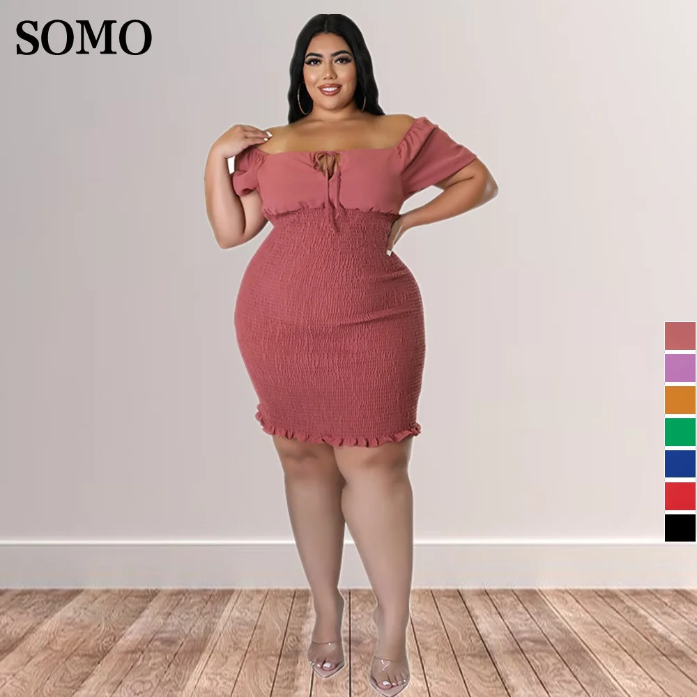 

Summer Clothes Sexy Solid Color Plus Size Dresses for Women One Word Collar Mini Dress Hip Wrap Clubwear Wholesale Dropshipping