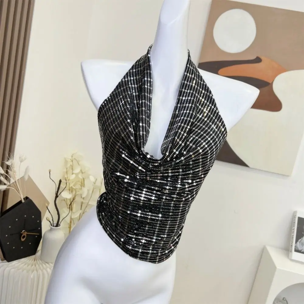 

V-neck Glitter Tank Top Vest Sling Sleeveless Sweet Spicy Slim Camisole Backless Spicy Girl Style Glitter Hanging Neck Top Party