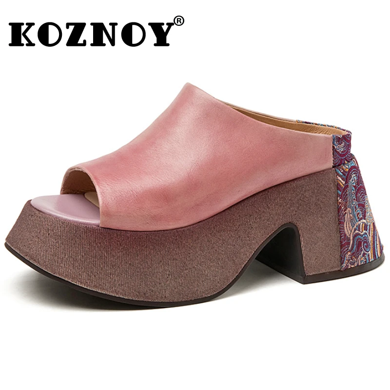 

Koznoy 8cm Cow Genuine Leather Fashion Sandals Ladies Summer Comfy Ethnic Women Platform Wedge Slippers Embroidery Silk Shoes