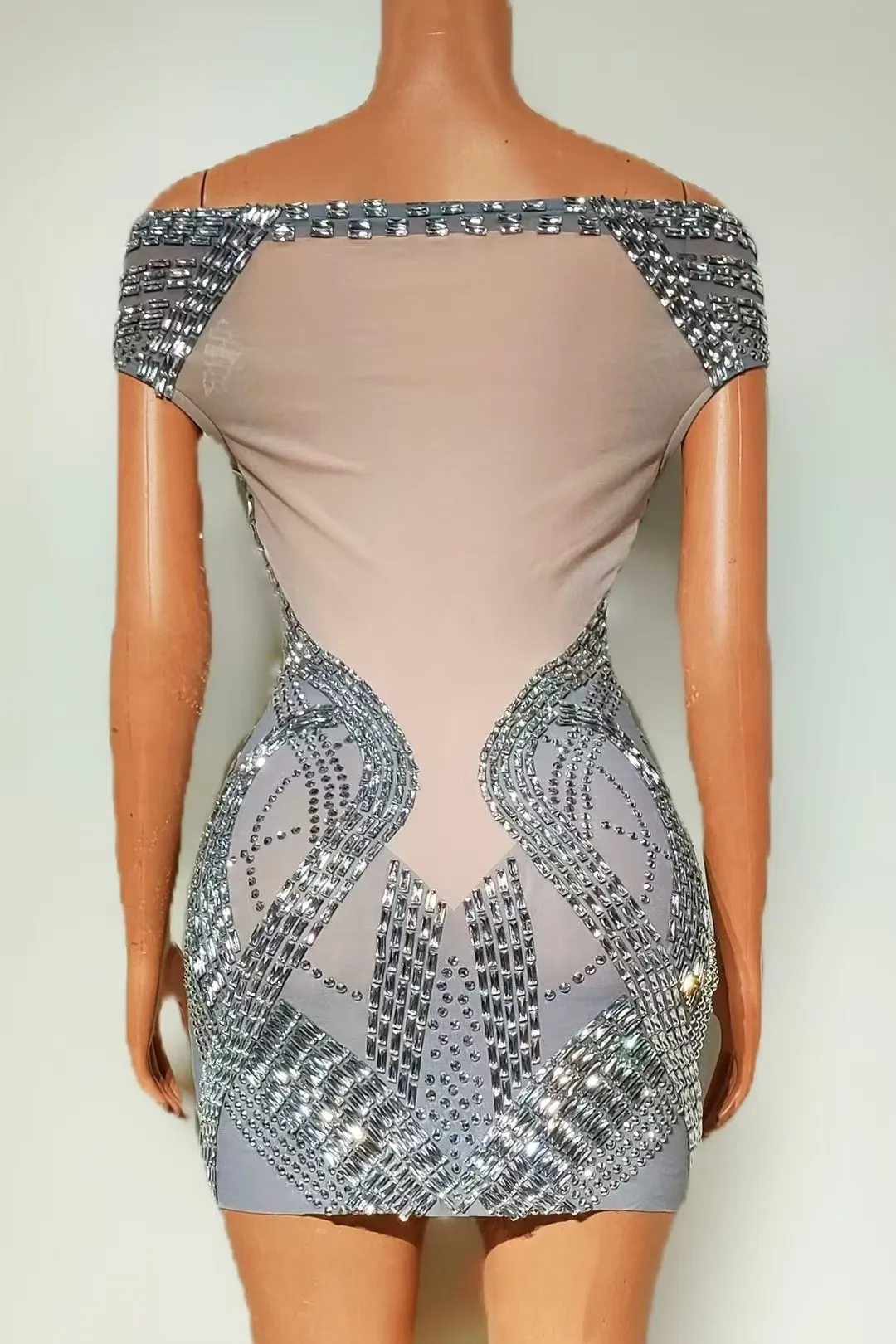 Sparkly Silber Rot Strass Kurzes Kleid Für Frauen Sexy Mesh Off Schulter Abend PromGeburtstag Kleid Sänger Bühne Club Tragen A775