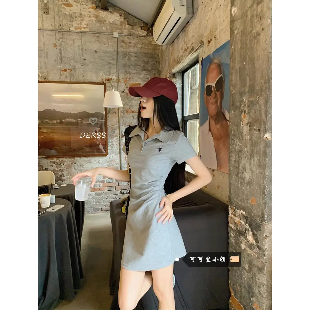 

Sweet Hot Girl Polo-neck Short-sleeved A-line Dress Women's Summer Casual Slim Fit Hip Wrap Dress Fashion Female Clothes