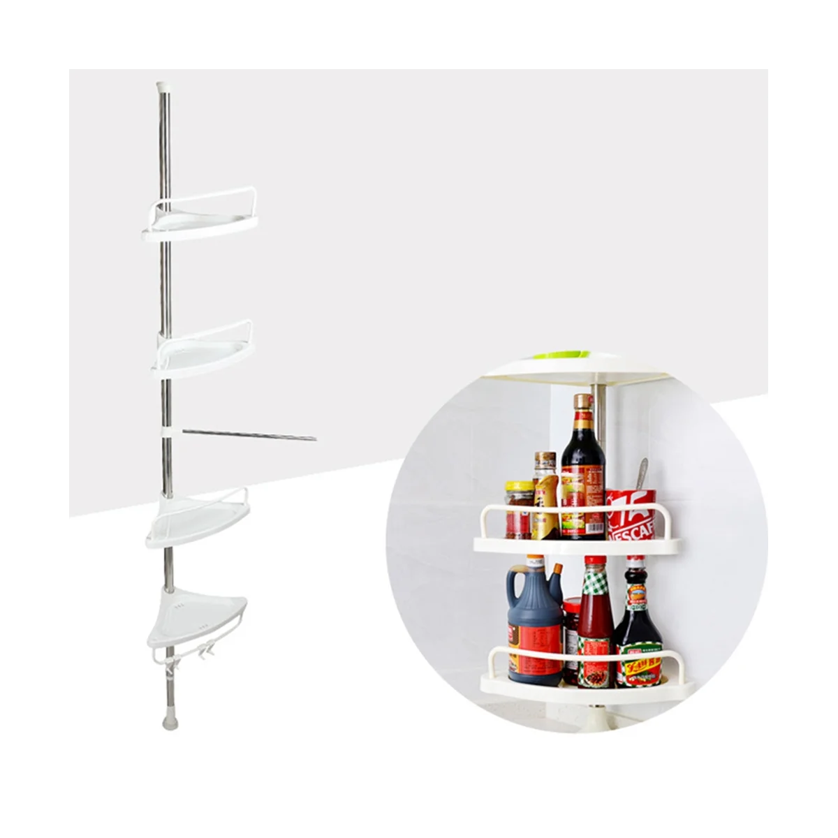 4 Tier Shower Caddy Organizer Shelf Corner Bathroom Organizer Shower Corner Stand Floor to Ceiling Tension Pole Shower