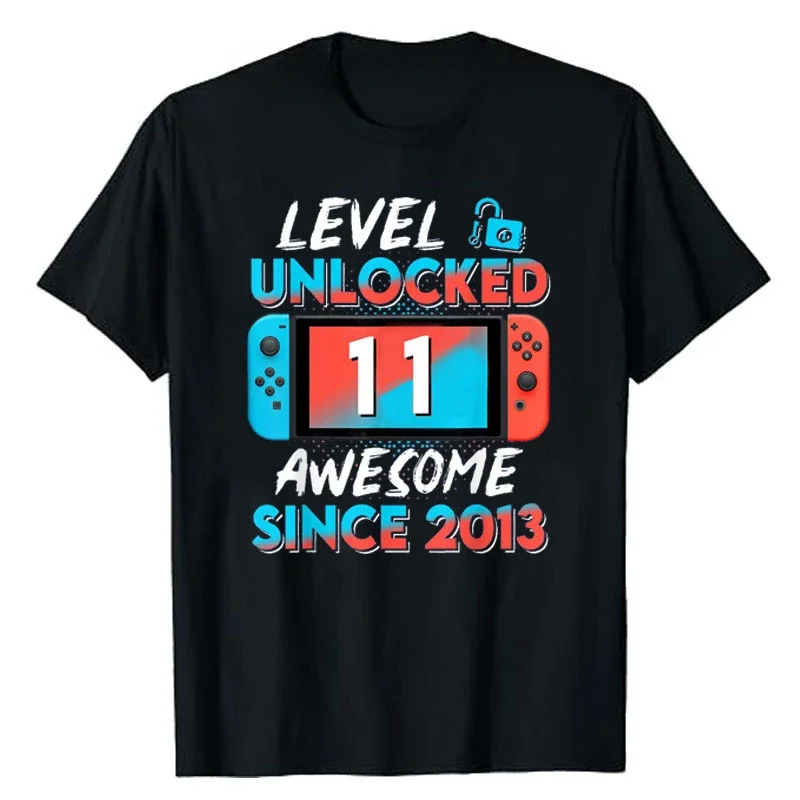 11 Years Old Clothes Level 11 Unlocked Awesome Since 2013 10th Birthday Gaming Gifts Gamer Graphic Summer Short-sleev Tee Top