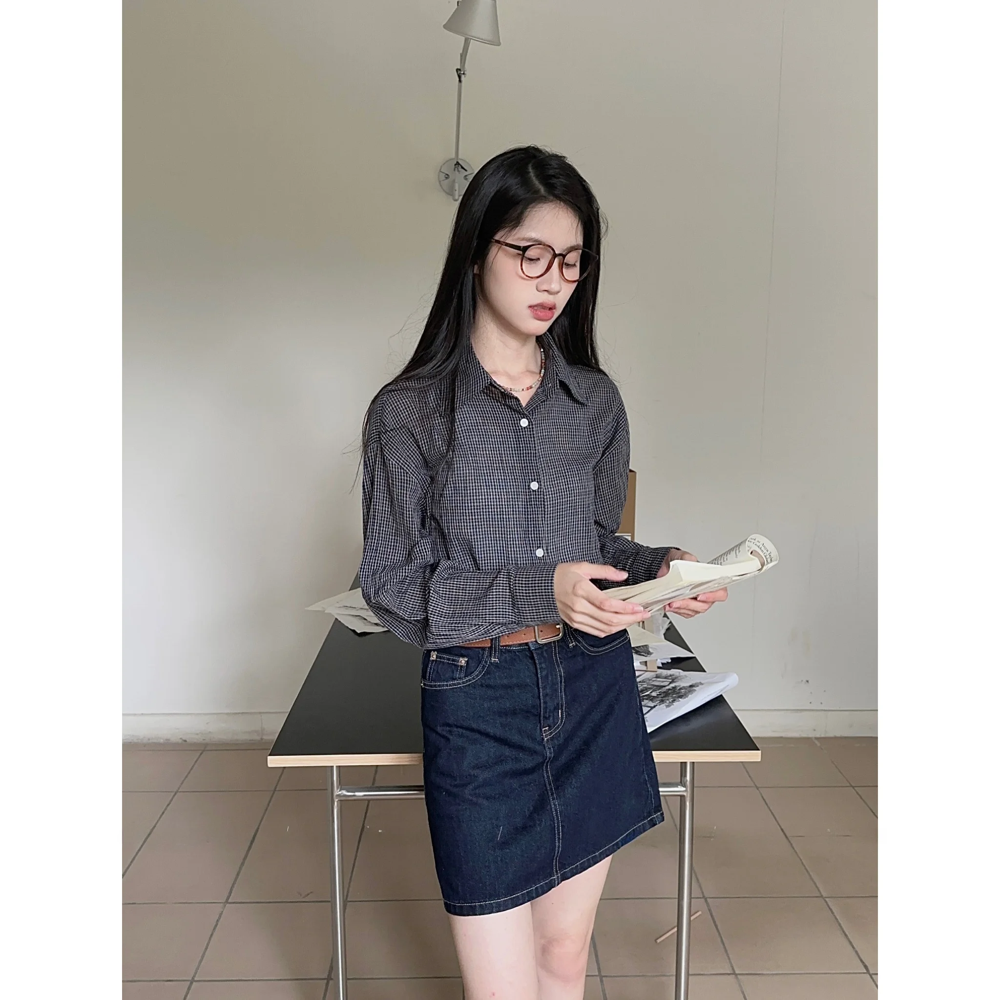 

Корейская прозрачная тонкая рубашка в клетку Sosomall, свободная, простая, с длинными рукавами, для защиты от солнца, верхняя одежда, женская модная одежда