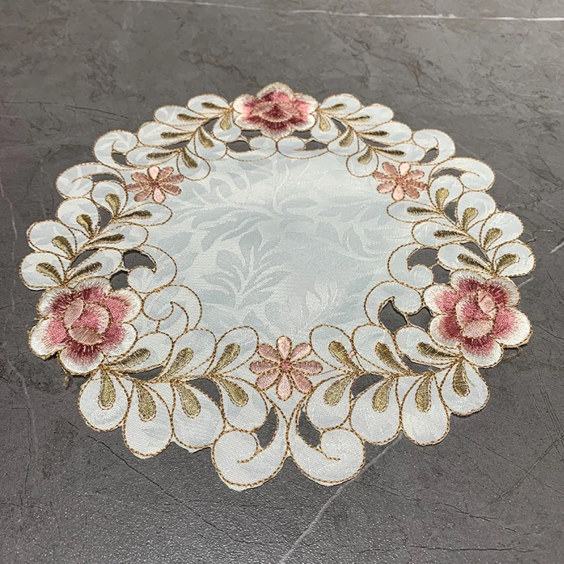 1pc Satin Rose Flower Embroidery Place Table Mat Cloth Pad Cup Doily Napkin Coaster New Year Placemat Christmas Wedding Kitchen