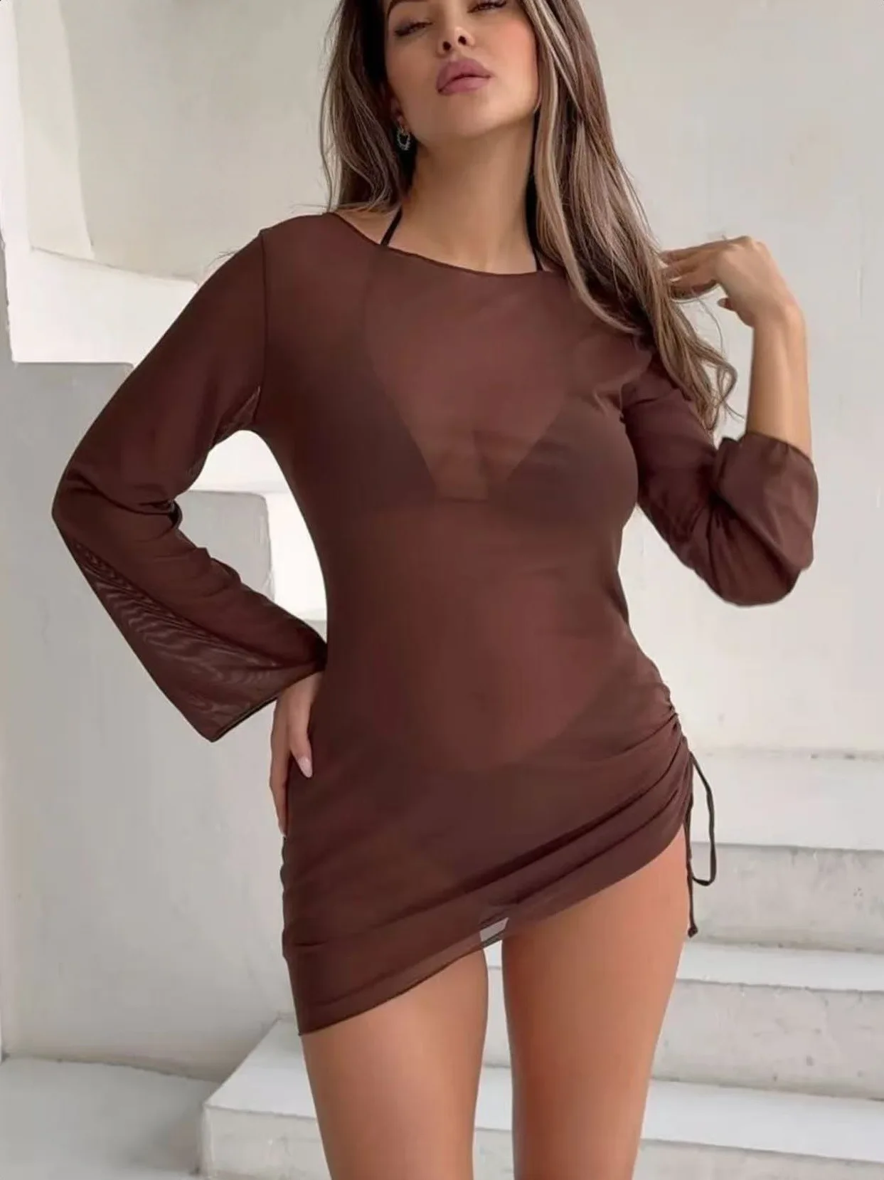 2026 جديد مثير كم طويل انظر من خلال شبكة علوية شير تونك الشاطئ التستر التستر فستان الشاطئ ملابس الشاطئ بحر 3 قطعة مجموعة #3