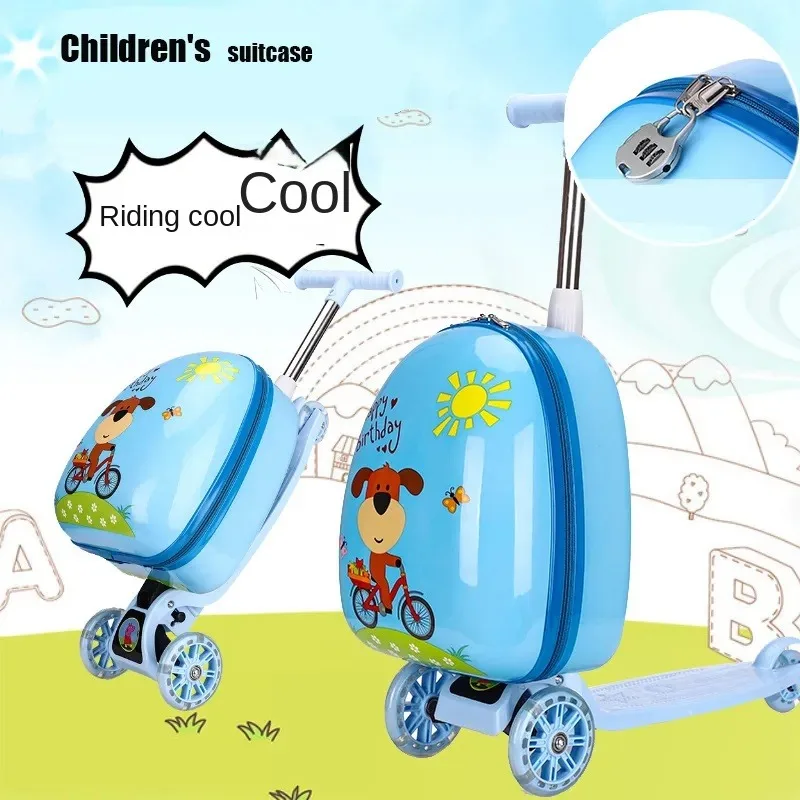 New Kids Scooter Suitcase Cartoon Cute Trolley Luggage Bag with Wheels Travel Suitcase Boys and Girls Gift Students Schoolbag