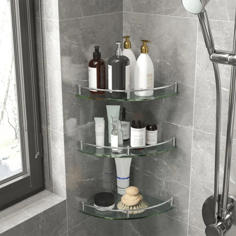 Glass Shelf Bore Bathroom Organizer Triangle Corner Shower Bathroom Organizers Accessories Hardwares Wall Hardware Fixture Home