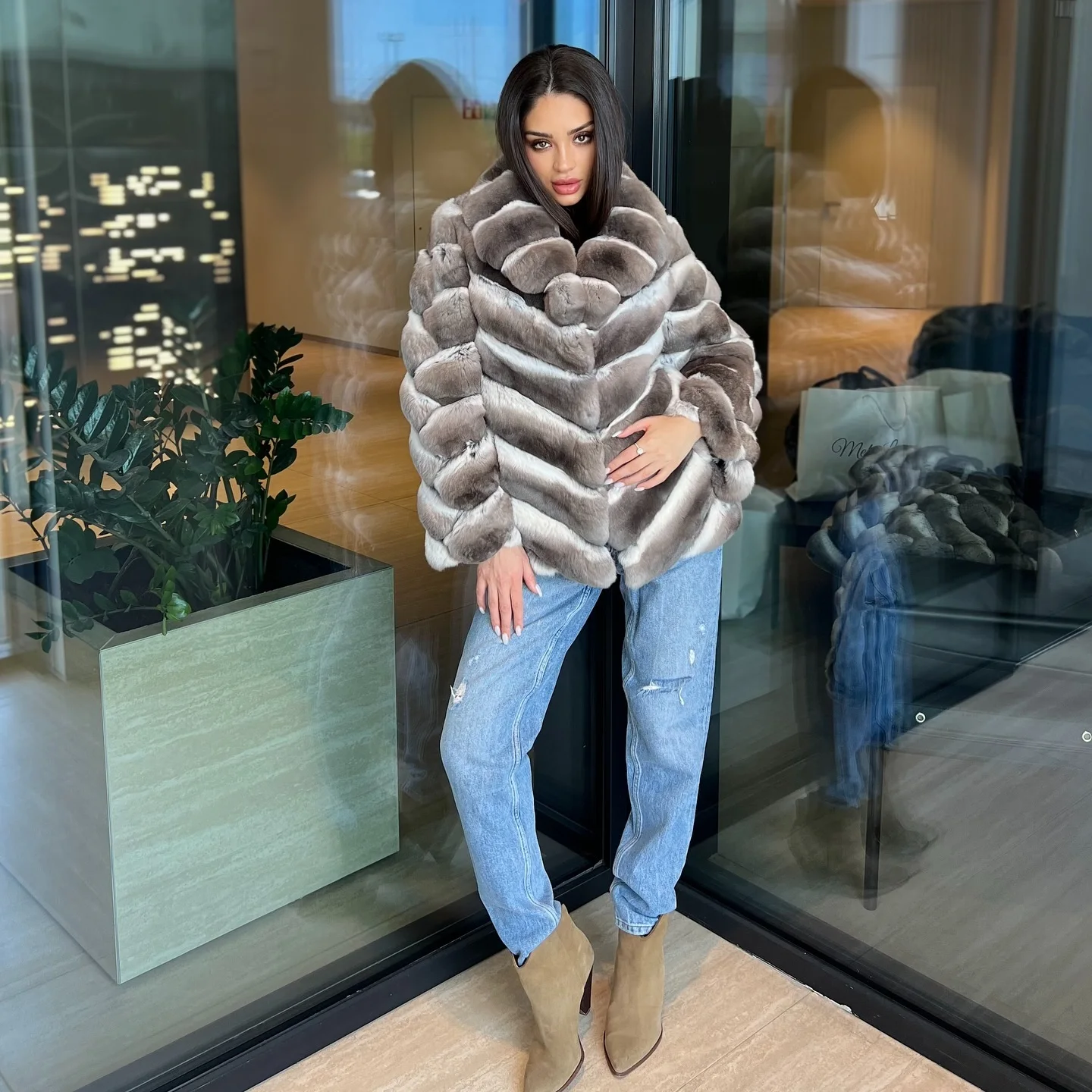 New Real Rex Rabbit Fur Coat with Turn-down Collar Fashion Mid-length Women Natural Rex Rabbit Fur Jacket Thick Warm Outfit