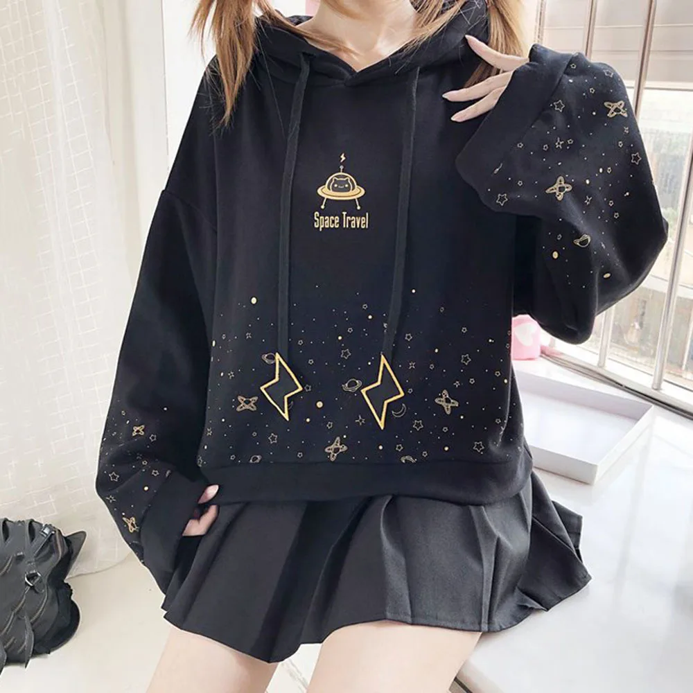 Winter Women Cartoon Embroidery Fleece Hoodies Sweatshirts Casual Flare Sleeve Hoodies Top Female Casual Warm Hooded Pullover