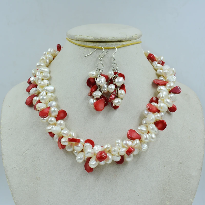 

3 strands of 8MM natural white AAA Baroque pearl coral necklace earrings. Women's Wedding Jewelry Set 19”