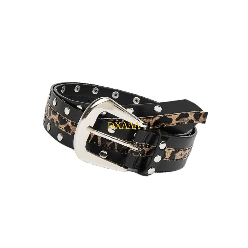 

DXAA PU Leather Pin Buckles Belt with Leopard Pattern and Double Row Rivets Studded Decoration for Jeans Pants Everyday Use