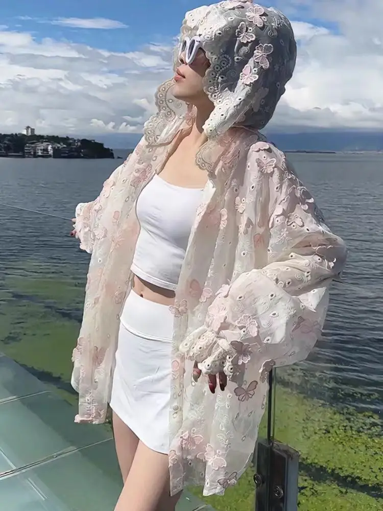 Sweet Butterfly Embroidery 3D Flowers Long Sleeve Hooded Sunscreen Shirt Women Thin Coat New Summer Loose Casual Long Blouse Top