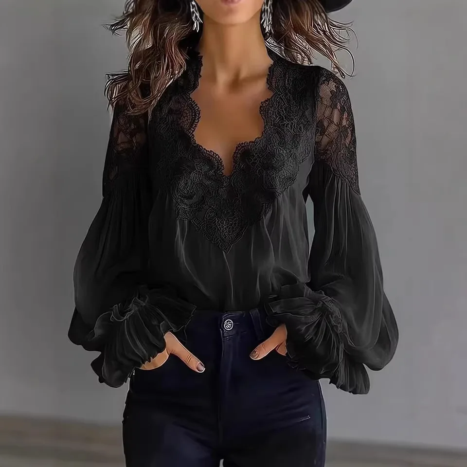 Women's V Neck Lace Spliced Long Sleeve Blouse Ruffle Cuff Loose Silhouette Versatile Trendy Casual Office Street Daily Wear Top