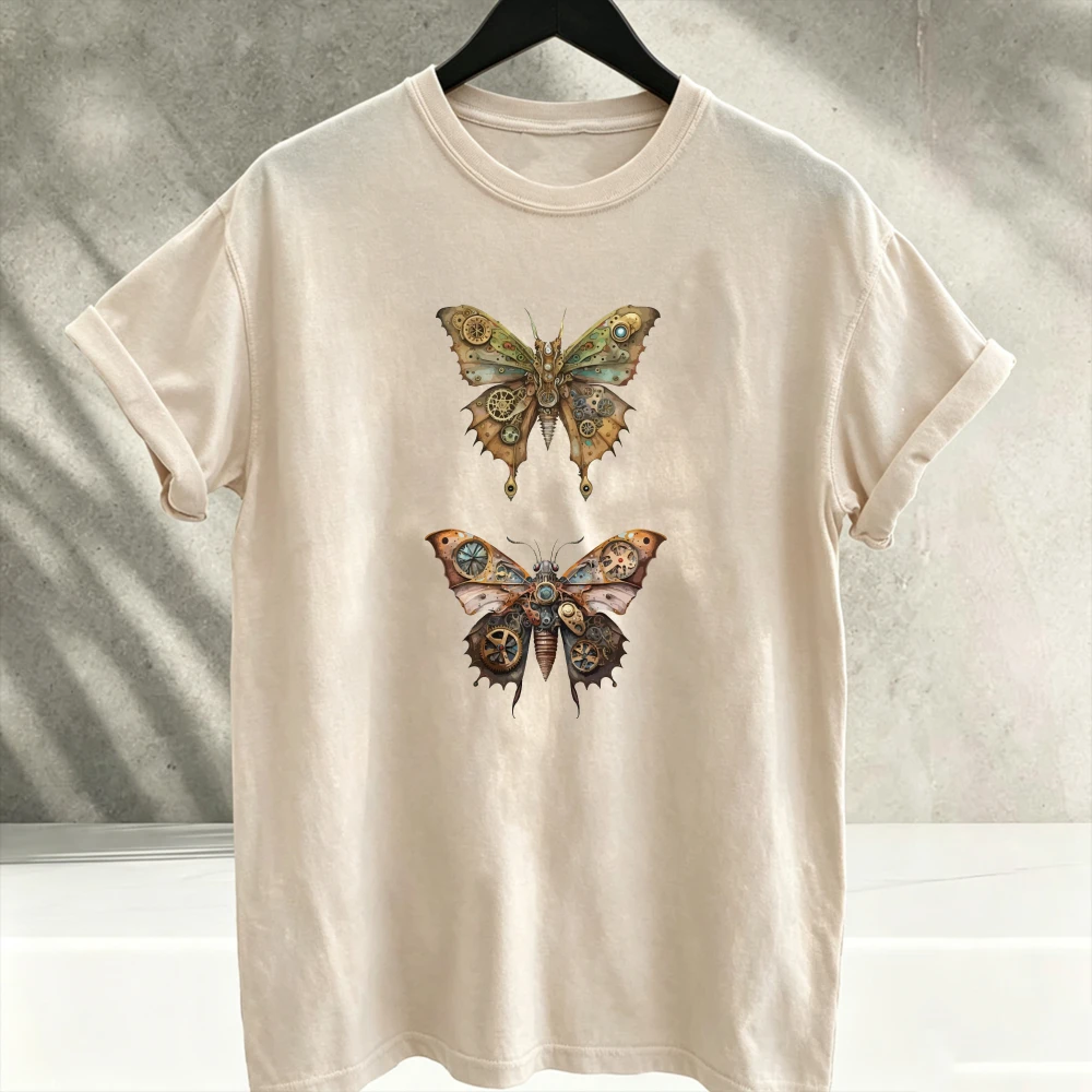 Steampunk Butterfly Mechanical Gear T-Shirt Intricate Wings Print Cotton Short Sleeve Relaxed Fit Casual Top Women Men Shirt