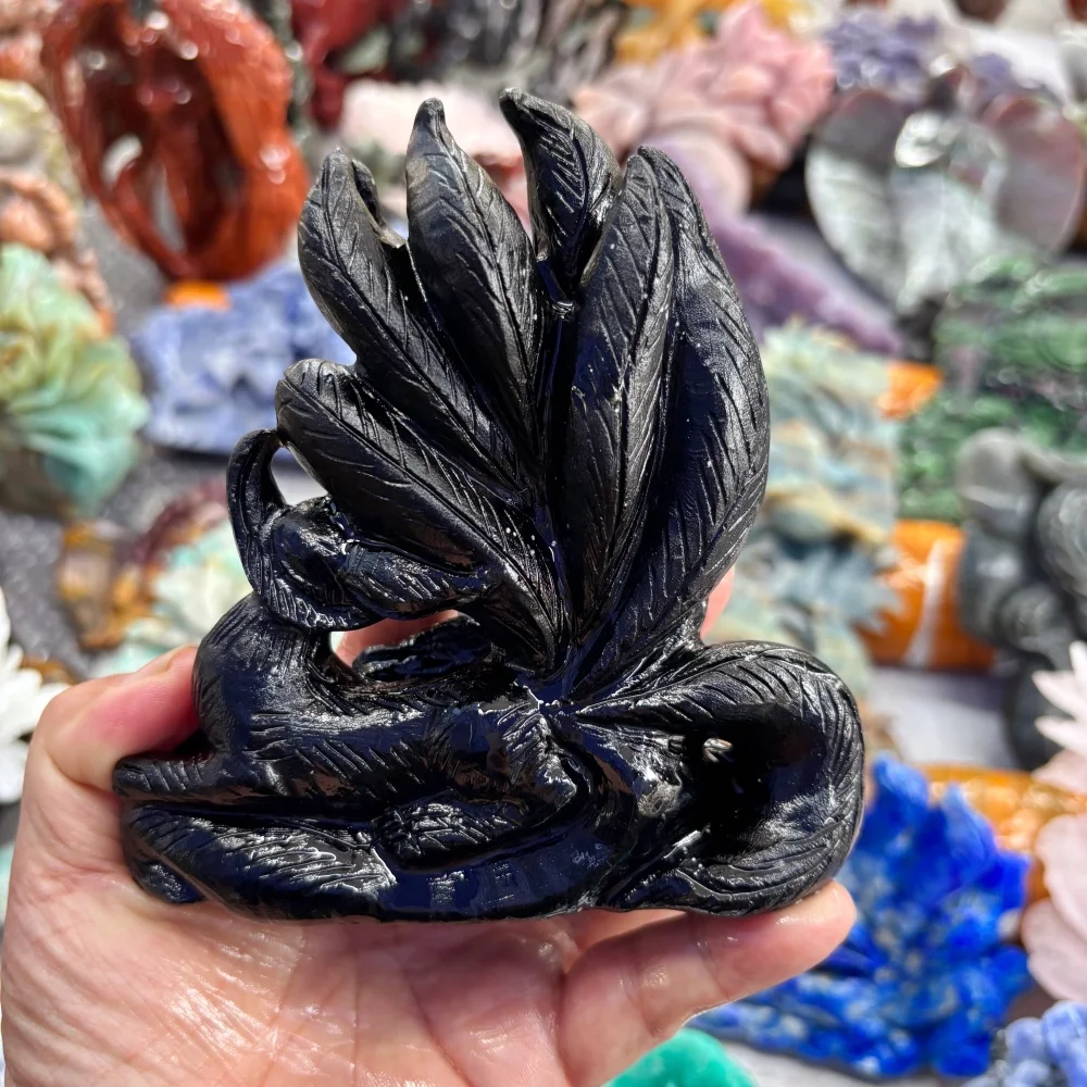 Natural Black Obsidian Nine-Tailed Fox Statue - Mythical Beast Crystal Home Altar Decor Spiritual Collectible Gift