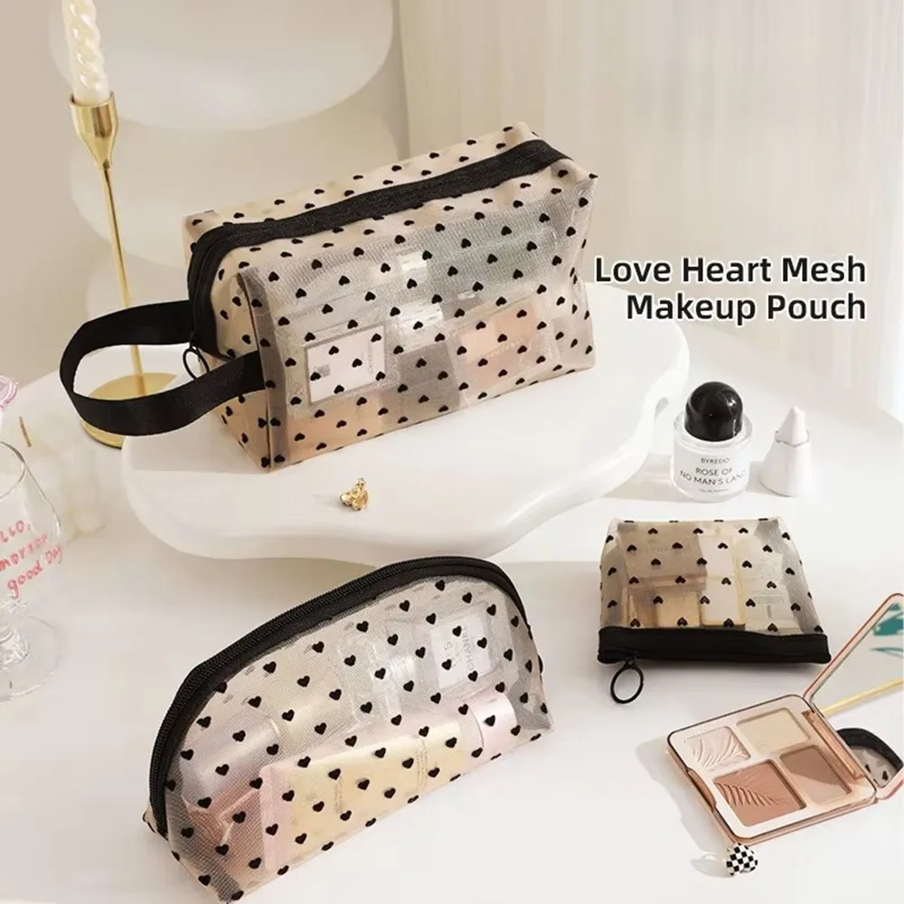 Nylon Mesh Cosmetic Bag Zipper Heart Shap Organizer Makeup Bag Multifunctional Women Lipstick Key Coin Purse Socks Underwear Bag