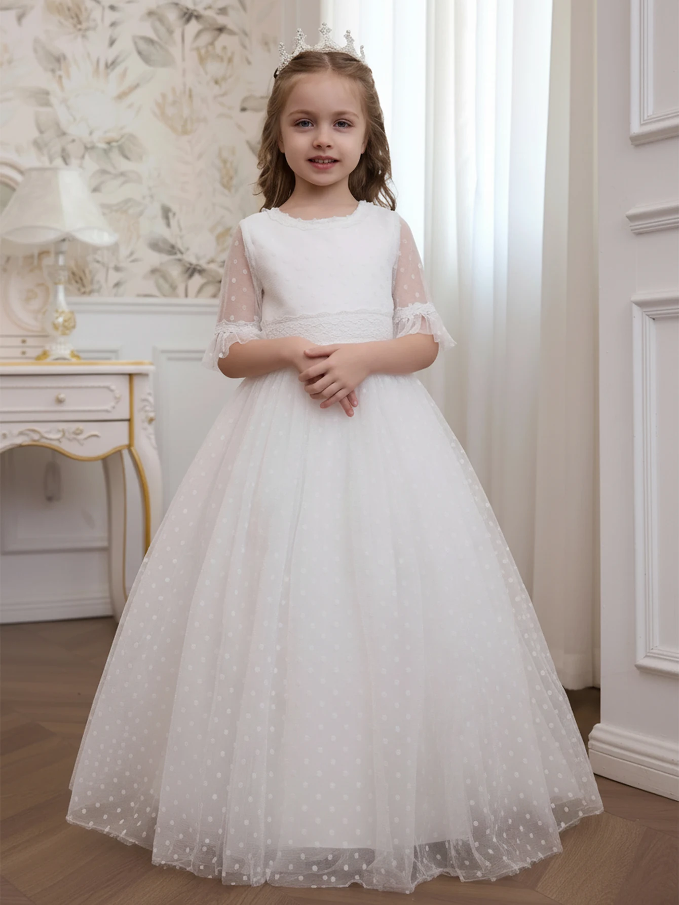Girls' Elegant Polka Dot Tulle Princess Dress - Half-Sleeve Lace Formal Gown for Flower Girl Wedding & Birthday Party