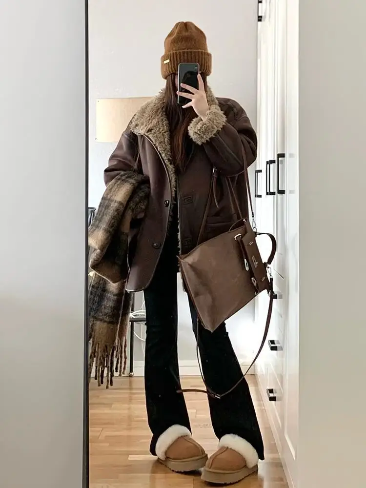 

Зима 2025 г., женская дубленка с двойным лицом, дизайнерская байкерская куртка, свободный крой, тяжелый вес