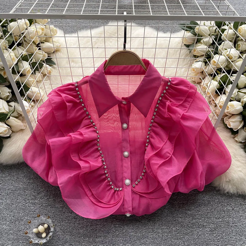 Vintage Rhine Stone Ruffle Short Sleeve Loose Blouse Slim Elegant Fashion Crop Top Sexy Spring Summer Women Shirt