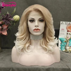 Imstyle Ombre blond peruka krótkie syntetyczna koronka peruka Front włókno termoodporne naturalne faliste peruki dla kobiet peruka do Cosplay 16 Cal