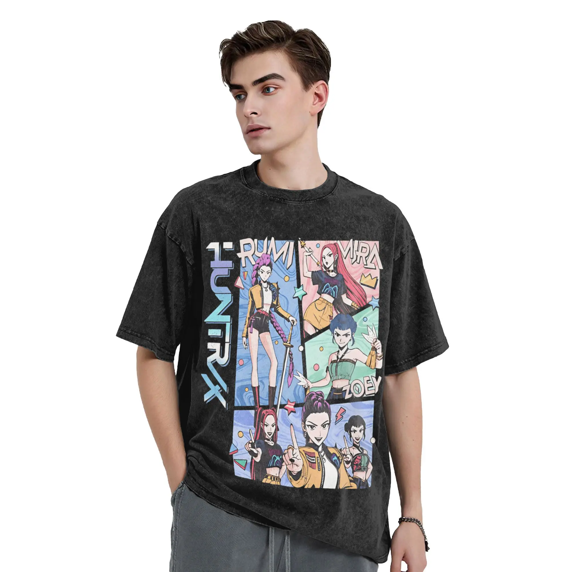 

Vintage Washed T-Shirt Huntrix Simple T Shirts Movie Fashion Tshirt for Men Summer Y2K Retro Print Tops