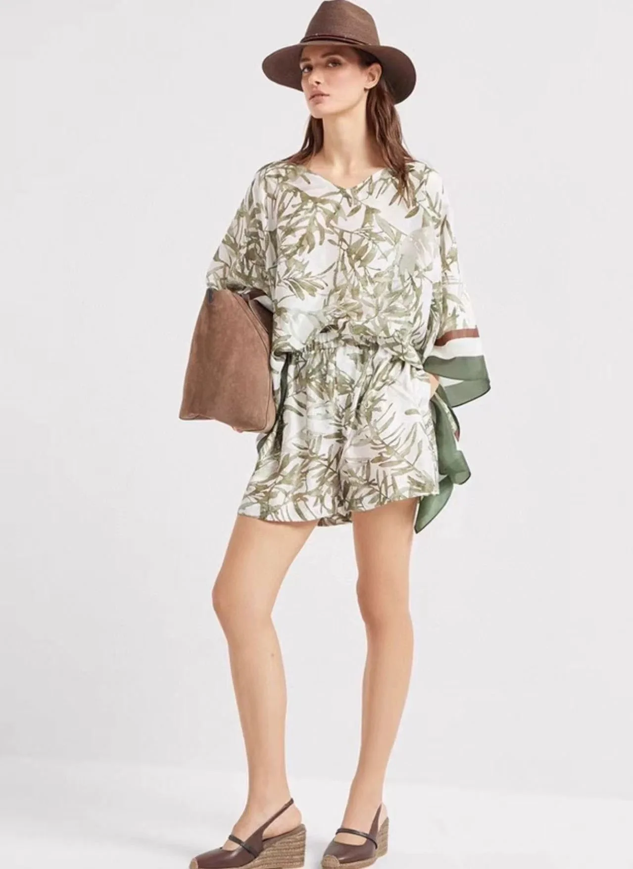 

Women Batwing Sleeve V-Neck Flower Printed Silk Cloak Top + Silk Shorts Set