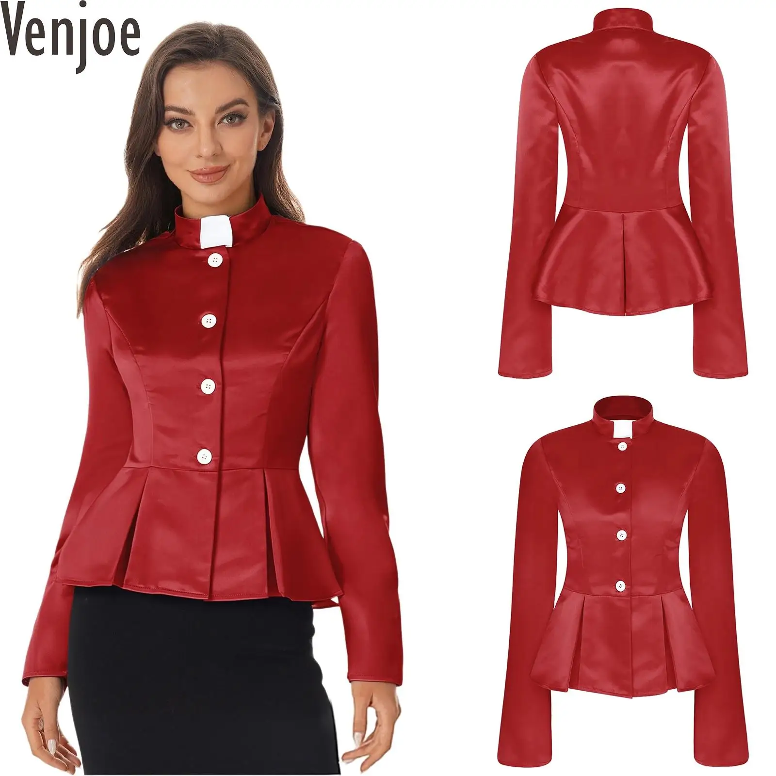 

Женская рубашка церковного священника, плиссированные расклешенные топы с баской и длинными рукавами, укороченные куртки, кардиган, праздничное атласное пальто на Хэллоуин