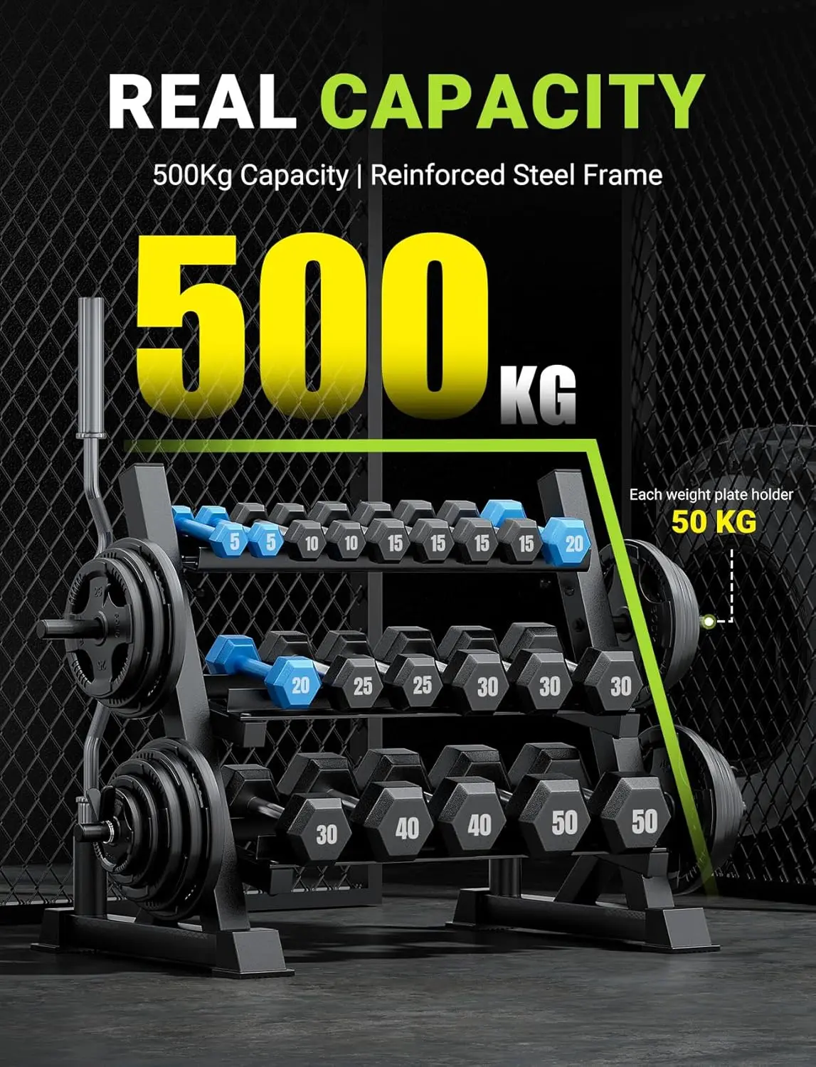 Home Gym Use, Solid Material, Brown Color, 1100LBS Capacity, 3-Tier Adjustable and Multifunctional Dumbbell Rack - view 4
