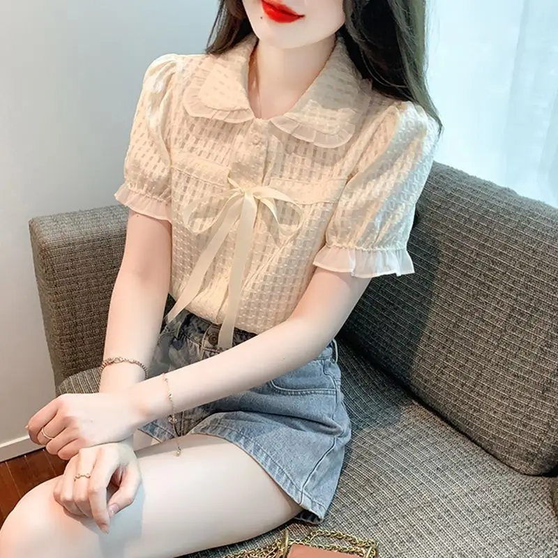 

Лето 2025, новый стиль, шифоновая рубашка с бантом для женщин, черный кардиган с короткими рукавами и лацканами в стиле ретро