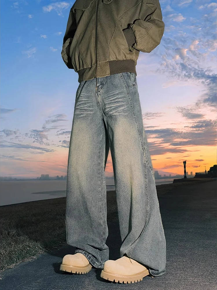 Celana Jeans Pria American Retro Knife Musim Semi Patchwork Dekonstruksi Cleanfit Longgar Lurus Lebar