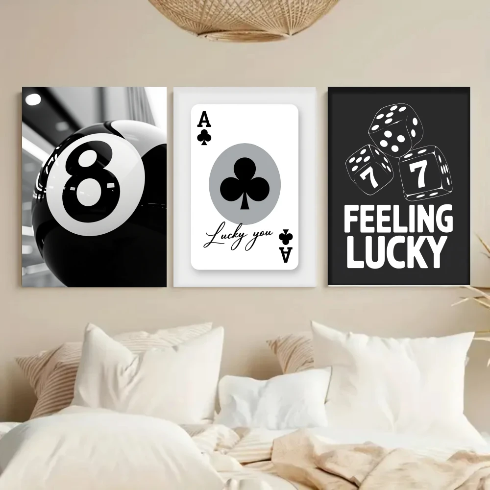 Framed Canvas Wall Art Black White 8Ball Ace of Spades Dice Print With 
