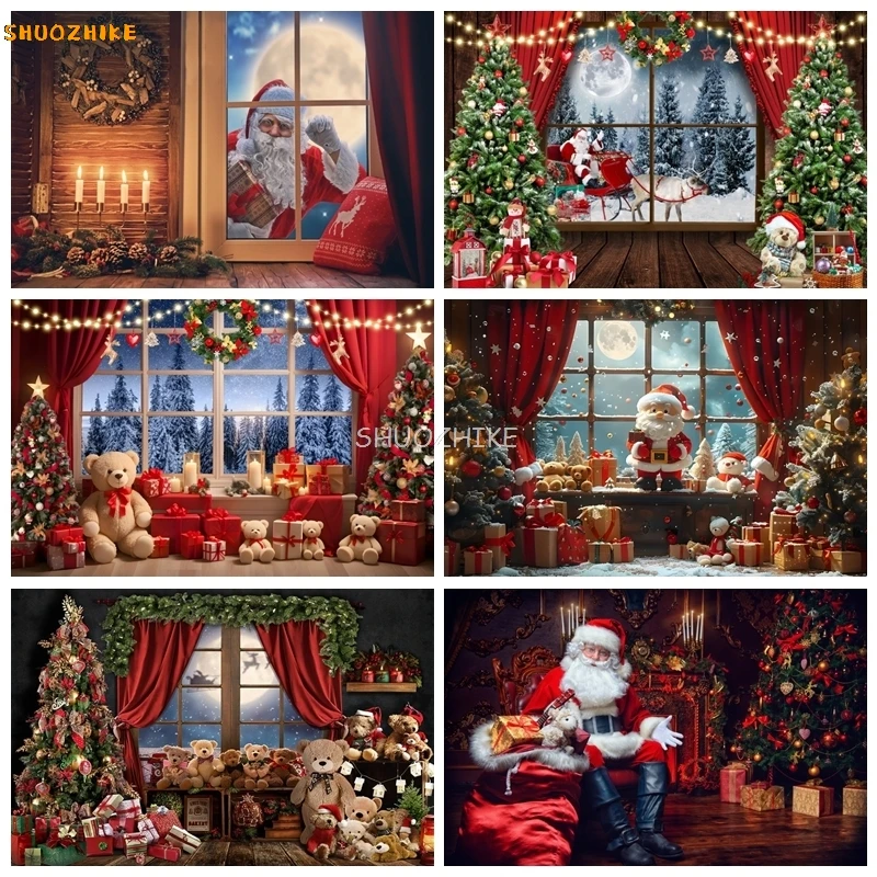 

Merry Christmas Photography Backdrop Xmas Tree Fireplace Santa Gift Window Family Baby Portrait Photo Background Studio Props