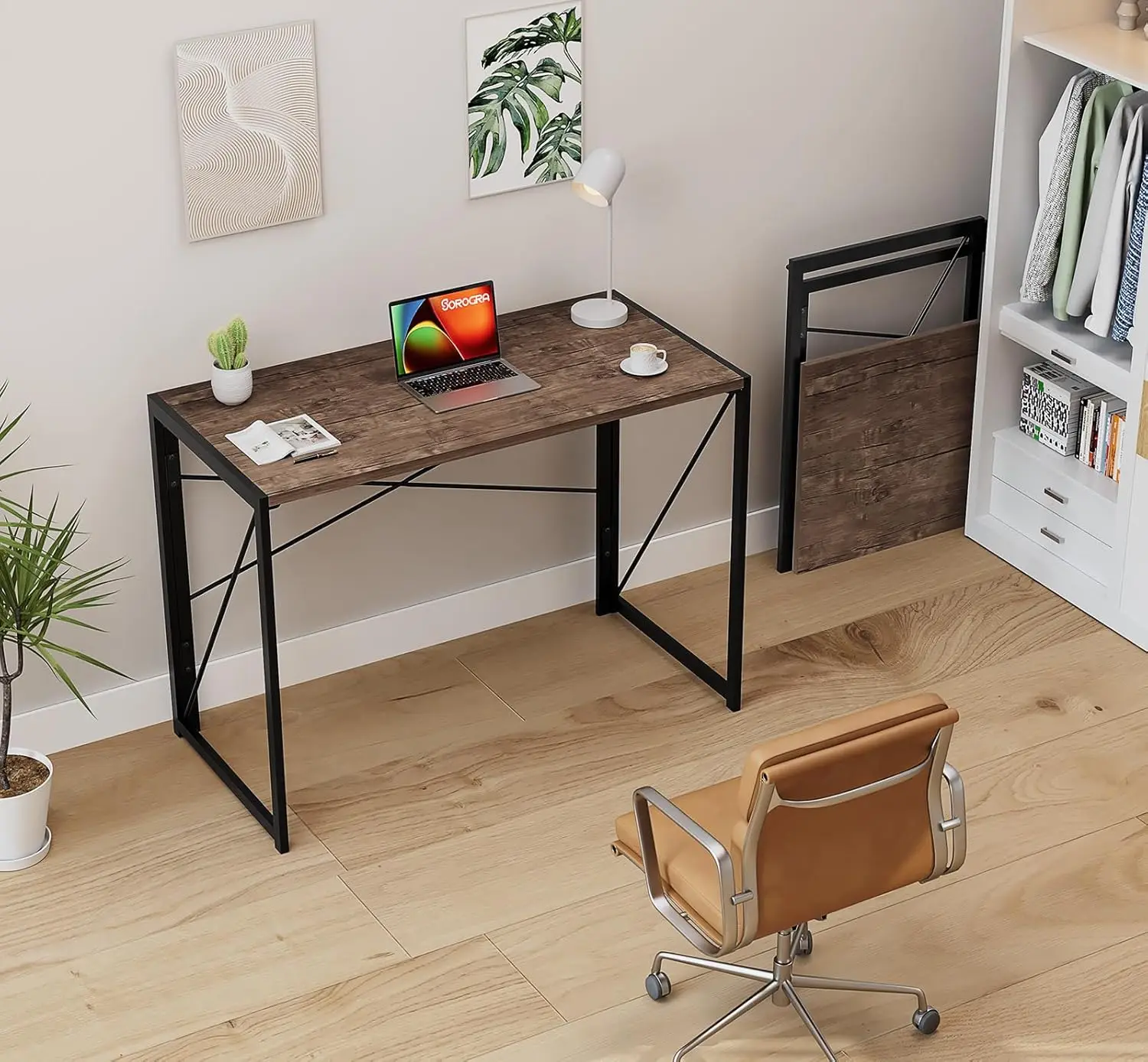 Folding Desk No Assembly Required, 39.4 inch Writing Computer Desk Space Saving Foldable Table Simple Home Office Desk