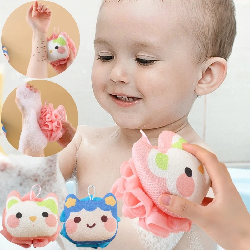 

2 in 1 Shower Loofah Bath Sponge with Hanging Rope Cartoon Cat Soft Exfoliating Loofah Ball for Kids Rich Lather Body Scrubber