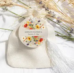 100pcs Personalized Wedding Tag, Round Name Tags Wedding, Custom Wedding Tag with Wildflower Floral Monogram Thank You