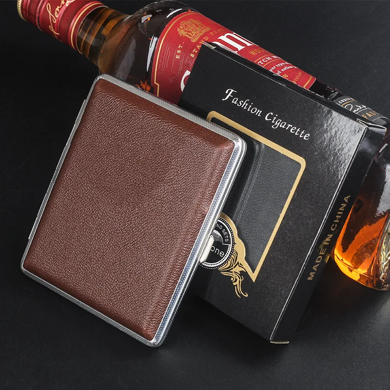 10CM Cigarette Box Cigar Case Metal PU Leather Smoking Accessories Cigarette 20 Sticks Storage Cover Hold Gift