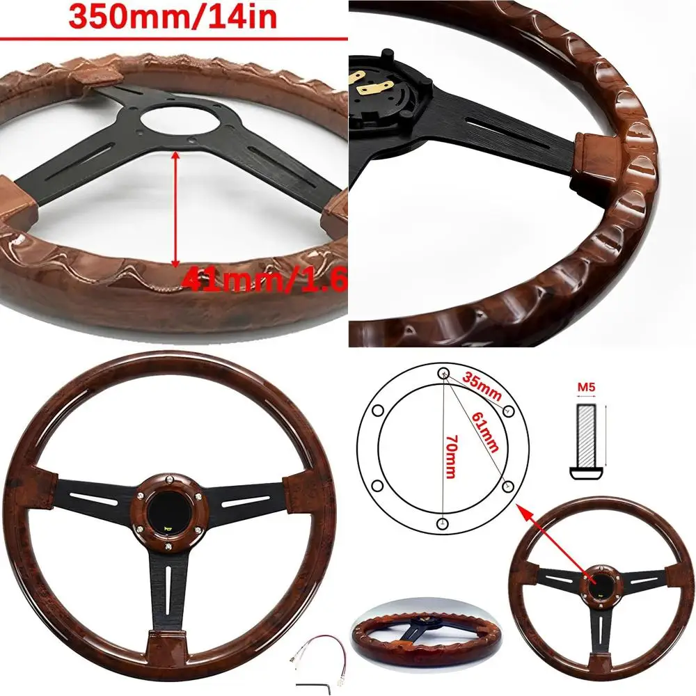 14인치 클래식 우드 그레인 스티어링 휠 리벳형 라이트 우드 그립, 범용 자동차 스티어링 휠 슬롯형 3 스포크 혼 버튼 포함