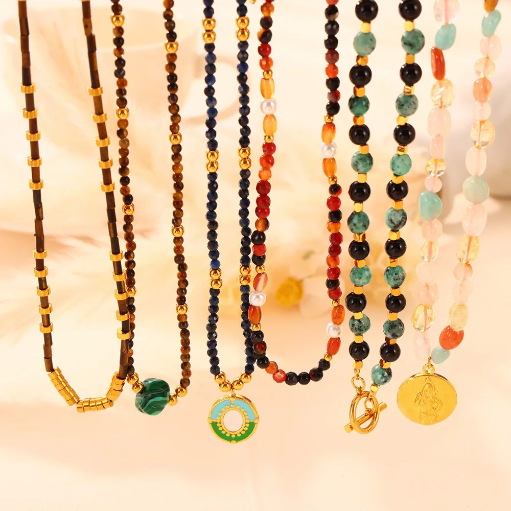 Necklace Set For Fashion Women Stainless Steel Colorful Nature Stone Chain Beaded Luxury Jewelry Party Wedding Gift