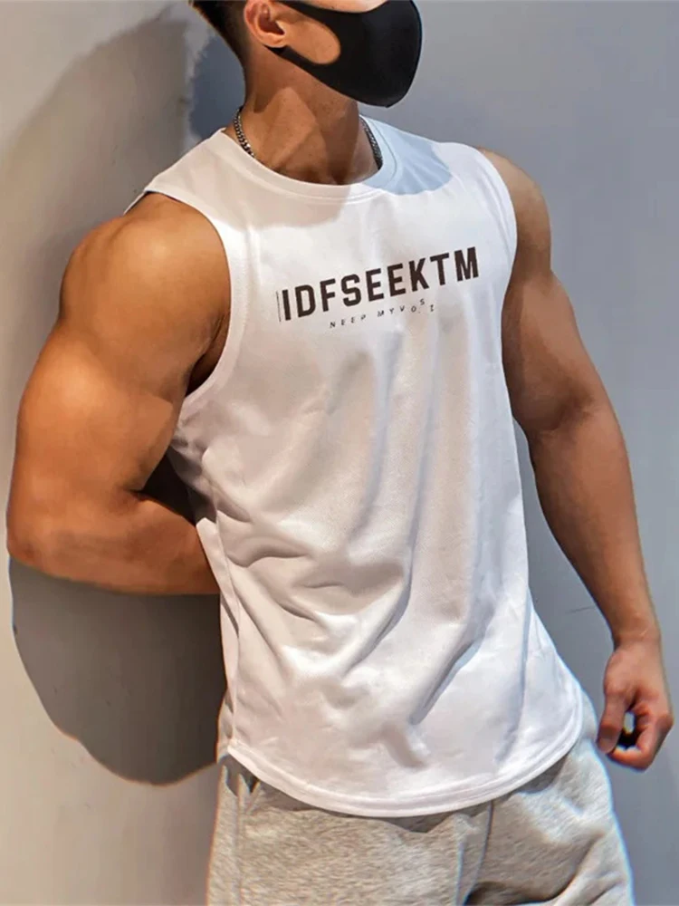 Men\'s Summer Fitness Vest Letter Printed Round Neck Sleeveless Stretchy Soft Breathable Quick Dry Pullover Casual Men\'s Fitness