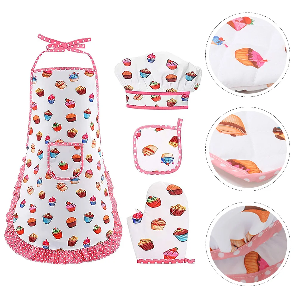 1 Set Kids Cooking Costume Kitchen Apron Glove Hat Role Playing Cooking Apron